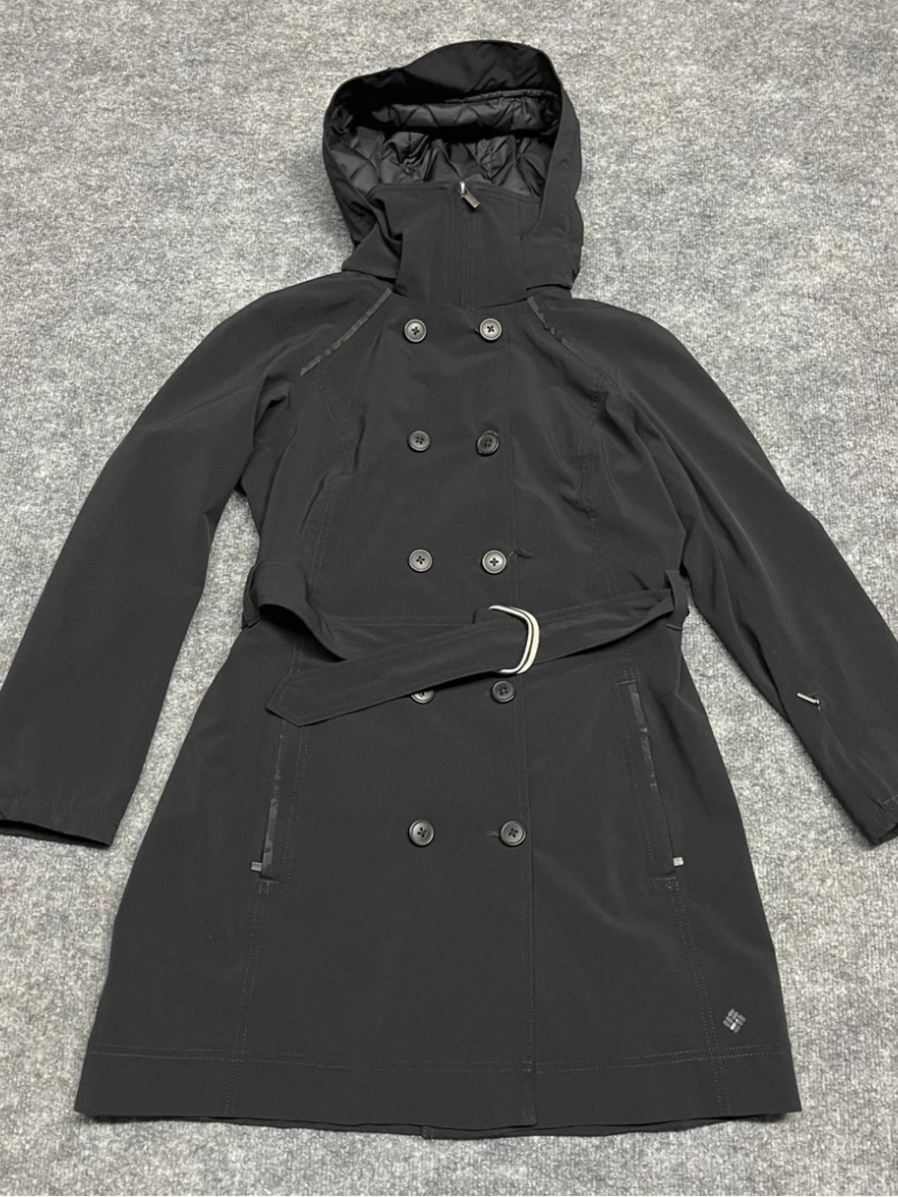 Columbia Black Hooded Double-Breasted Trench Coat with Belt